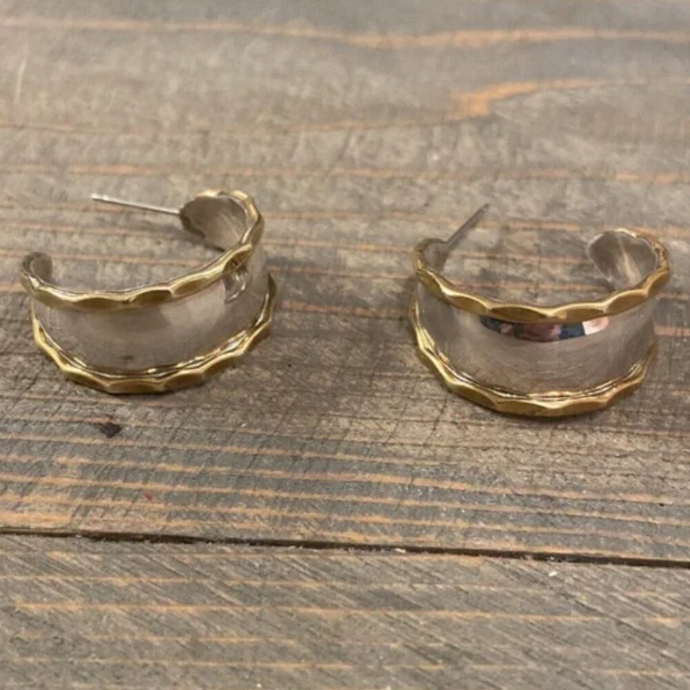 Vintage Laton Sterling Silver & Brass Chunky Hoop Earrings - Picture 4 of 8